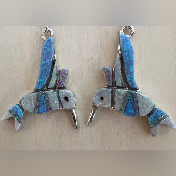 ❤️ Signed Zuni Opal Inlay Native American Sterling Hummingbird Earrings 9.2Gm - Picture 11 of 11